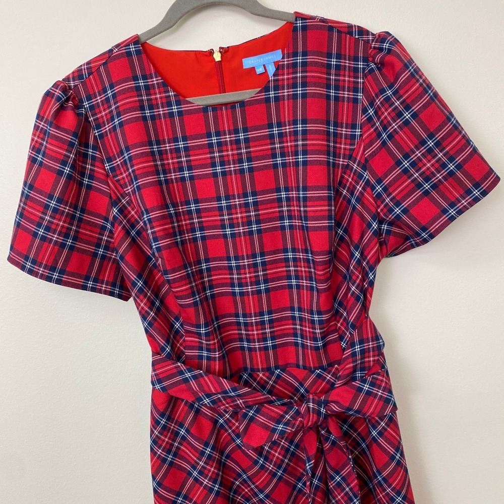Draper James, Red Navy Tartan Plaid Short Sleeve Belted Dress DRW0601P Size 16 - Picture 3 of 9